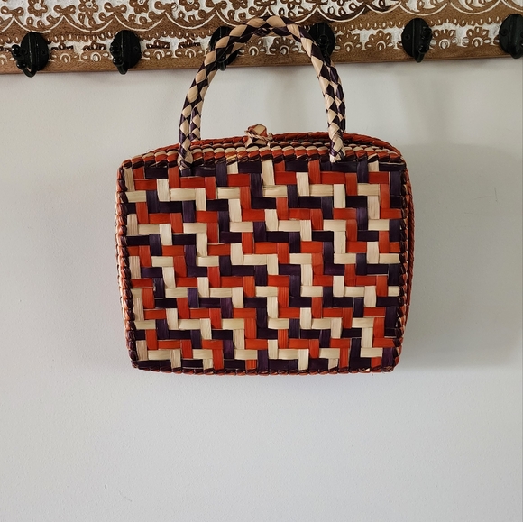 Handwoven Basket Handbag Orange Purple Cream - Picture 2 of 10